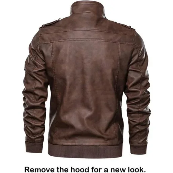 Stand Collar PU Faux Leather Zip-Up Bomber Jacket With a Removable Hood For Men